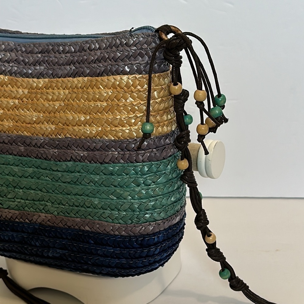 Beaded straw handbag with colorful accents. Purple and blue nouveau crossbody - Picture 3 of 13